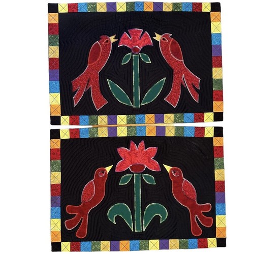 Colchonetas Folkart Acolchadas Textiles Hechas a Mano 4 Flor de Pájaro con Posavasos a Juego 4 - Imagen 2 de 12