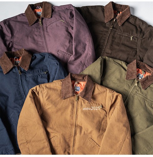 Retro Jacket Short Canvas Workwear Jacket Mens Casual Zipper Cotton Work Jackets - Picture 11 of 29