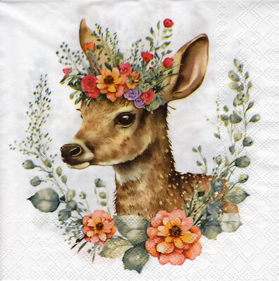 3 Servietten ~ Sommer, Tiere, Mrs Deer, Hirsch in einem Blumenkranz ~ 33x33