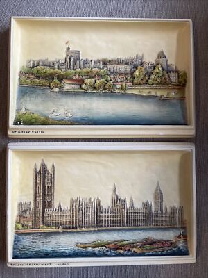 2x Bossons R.B Coll. Wandtafeln IVOREX bemalt WINDSOR CASTLE & HOUSES OF PARL