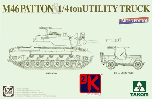 Takom 2117X M46 Patton US Tank & ¼ Ton Utility Truck 1:35 Scale Kit -FREEPOST