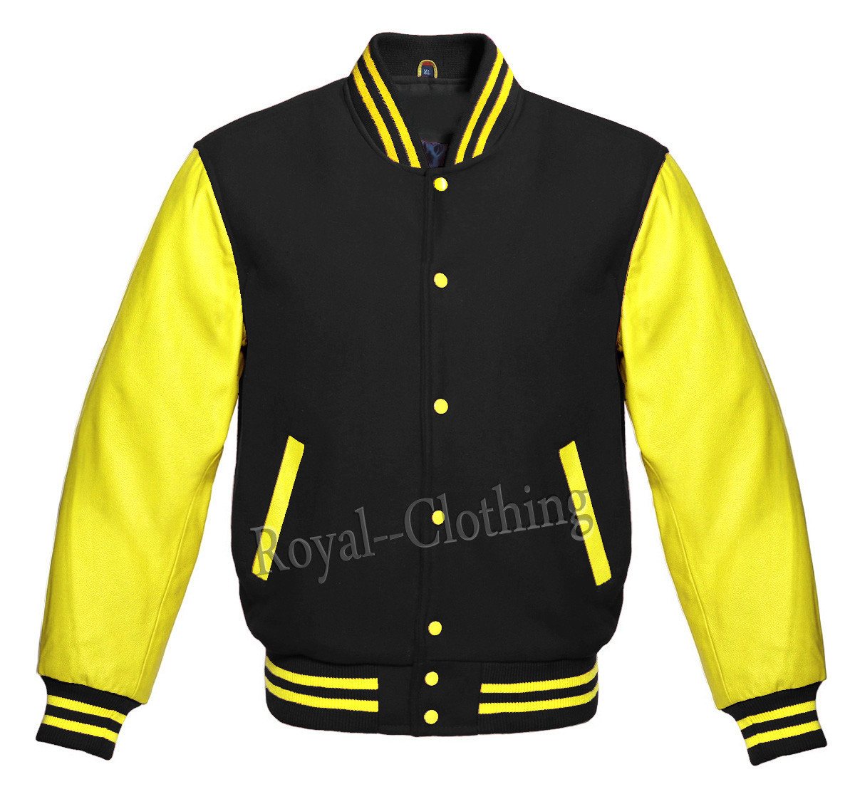 Letterman Baseball Varsity Jacket in Black Wool Genuine Yellow