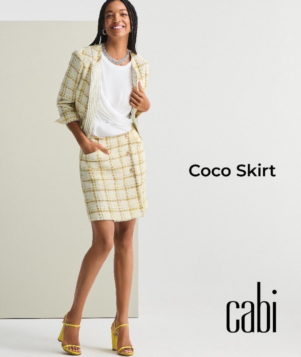 NWT Cabi coco tailored plaid yellow white skirt size 8