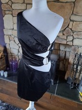 Boohoo One Shoulder Cut Out Mini Dress Black Satin Size 12 BNWT RRP £30