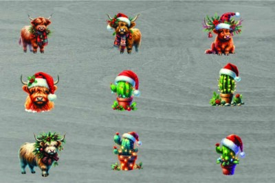 9x gemischte Weihnachtskaktus Pflanze/Hochlandkuh/Vinyl Aufkleber/Decal/Deko/Becher