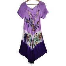 Sante Dress Purple Floral Embellished Embroidered Short Slv Tie Dye OS Peasant