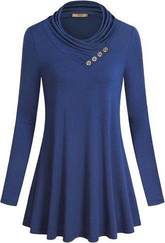 Miusey Women's Long Sleeve Cowl Neck Form Fitting Casual Tunic Top Blue Blouse - 第 1/12 張圖片