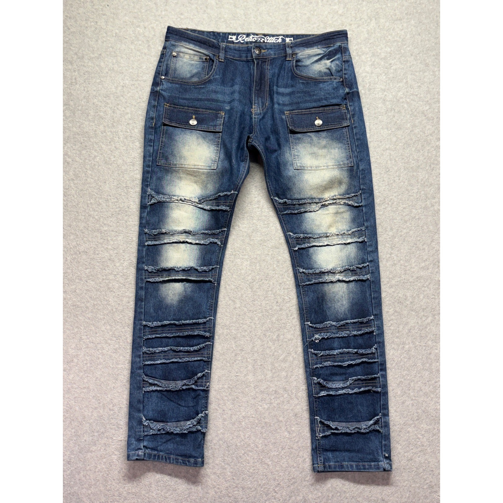 Retro Stitch Mens Distressed Straight Leg Jeans Blue … - Gem