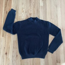 Ribbed Knit Mock Neck Sweater Blue Minimalist Pullover thick knit Medium