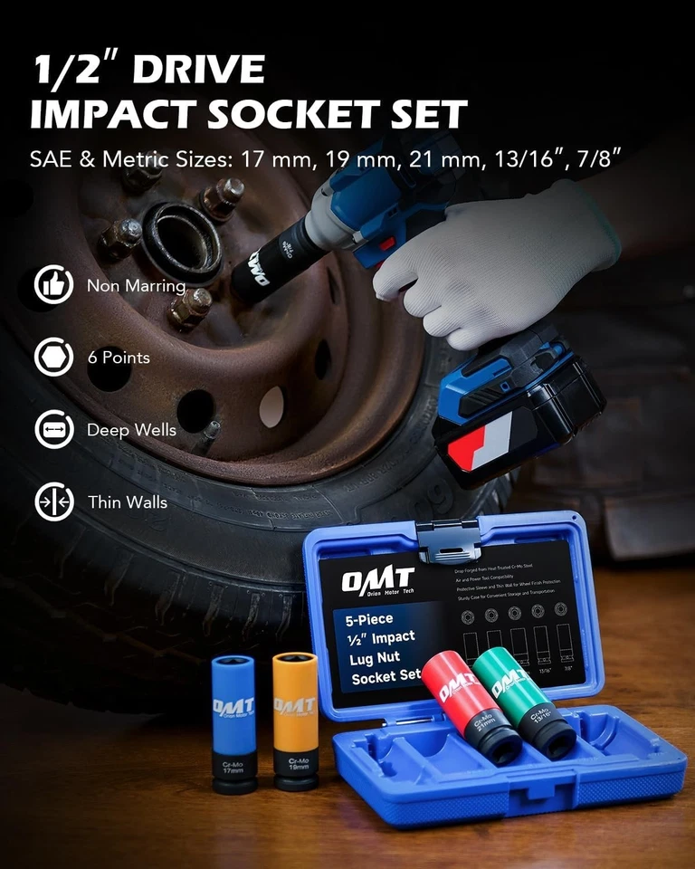 Impact Socket Set 5pc 1/2 Drive Metric SAE Thin Wall Lug Nut Removal Kit - Image 4 of 4