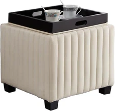 White+Black Beige Storage Ottoman Bench, Foldable Ottoman Foot Rest, End of Bed 