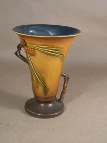 Vintage ROSEVILLE Pottery Pinecone Vase 906 -6" Brown Double Handles