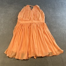 Y2K Romantic Coquette Sheer Chiffon Lace Mini Dress Fit Flare Peach Womens L