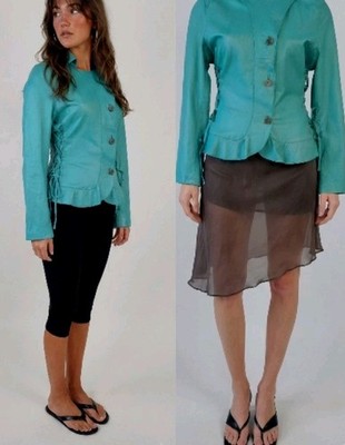 Vtg Y2K Cache Luxe Turquoise 100% Lambskin Leather Jacket Lace Up Peplum! M NEW