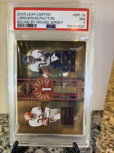 06/75 Jim Brown -Walter Payton Leaf Limited 2005, Dual Jersey Game Worn PSA 7