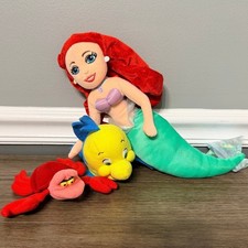 Disney The Little Mermaid Ariel Flounder Sebastian Plush Set 12" Bean Bag Toys