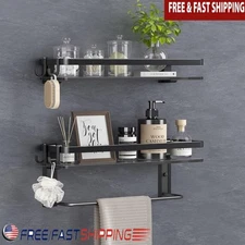 Wall Mounted Black Tempered Glass Bathroom Shelf W/ Removable Hooks & Towel Bar