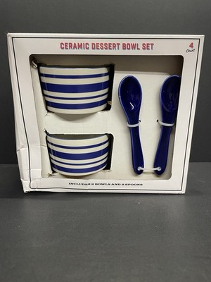 White Ceramic Dessert Bowl Set Blue White Striped Chip Pattern