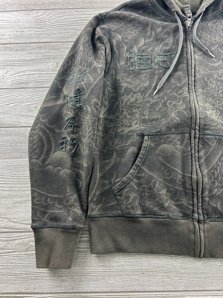 Chaqueta con Capucha Marca LUCKY De Colección Para Hombre Pequeña Marrón Dragón AOP Kanji Y2K Foto 2 de 4