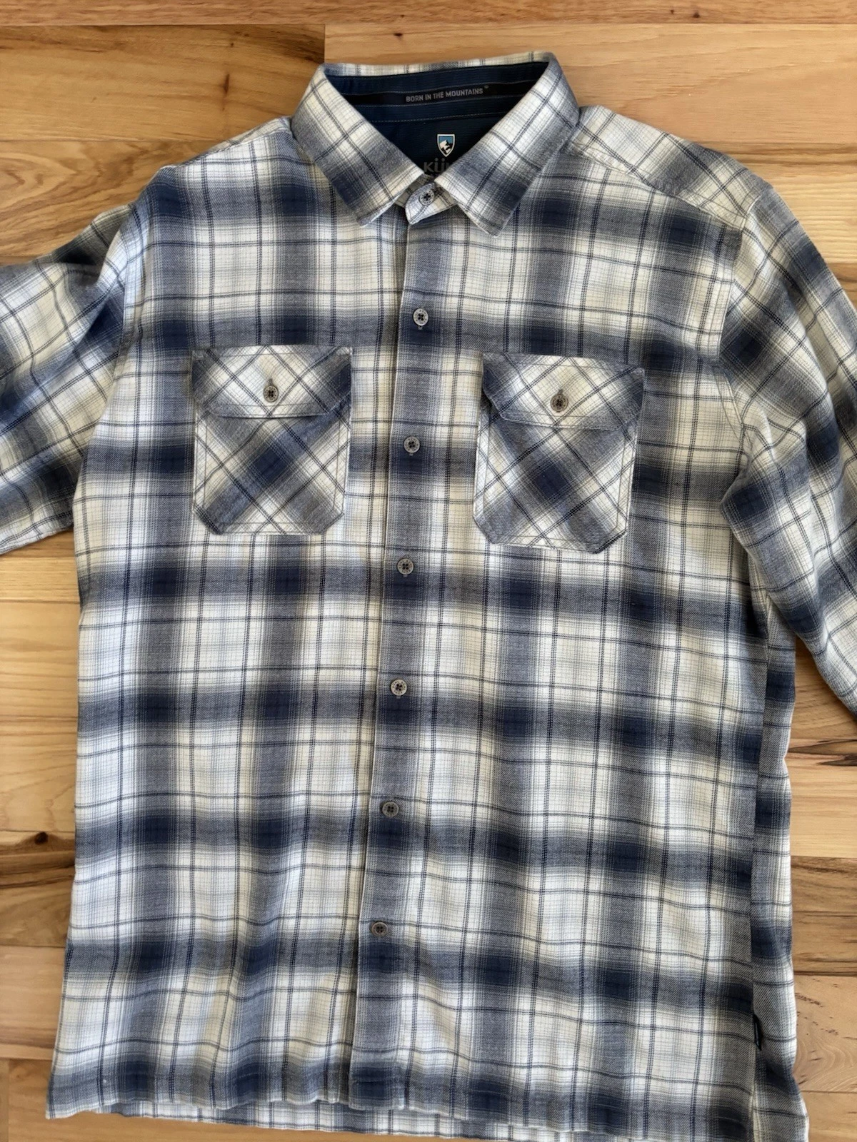 Men’s Medium Kuhl Long Sleeve Blue White Plaid Flannel Outdoor Hiking Shirt