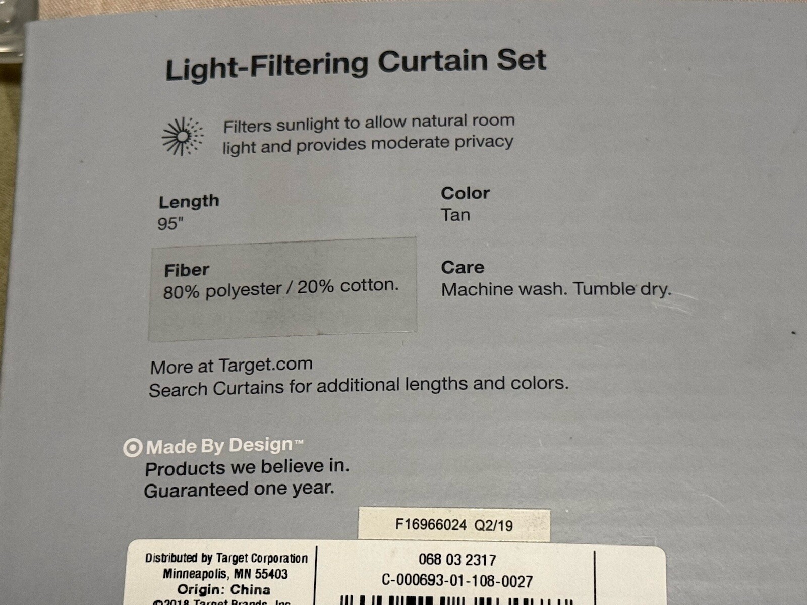 Made By Design Light Filtering Curtain Set 42” X 95” Beige