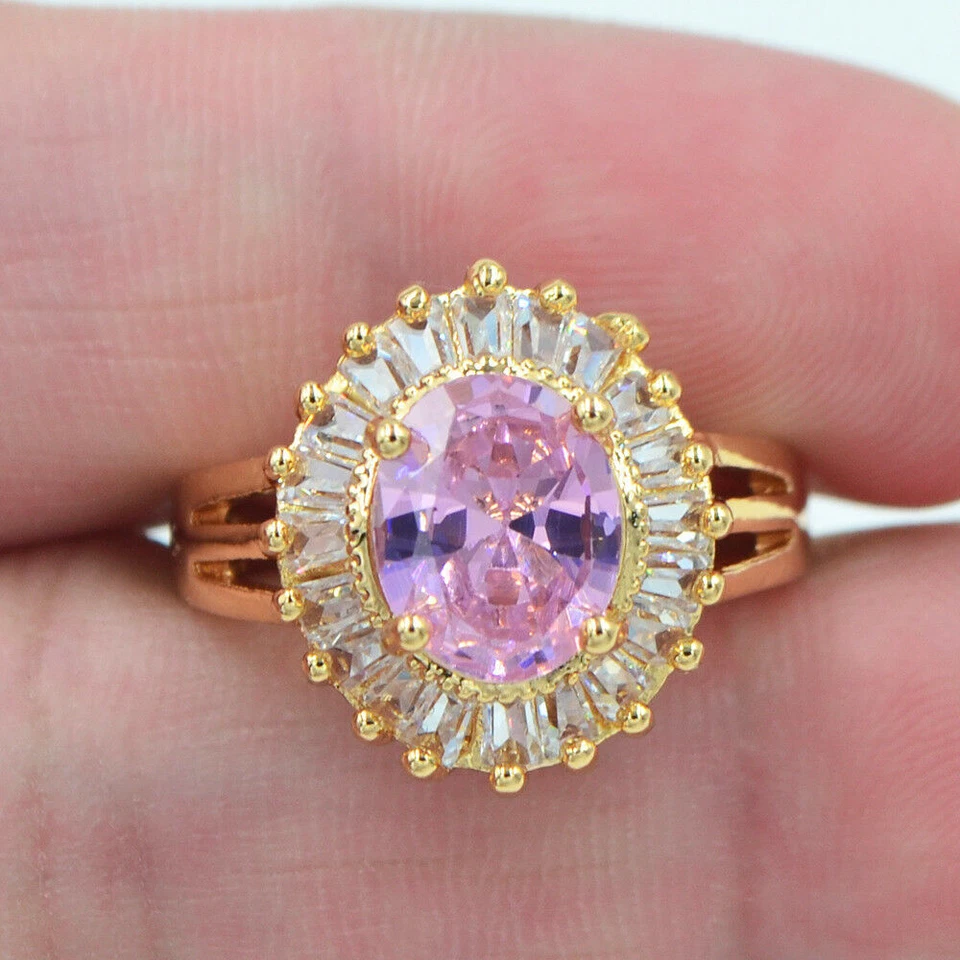 18K Yellow Gold Filled Women Fashion Oval Red Mystic Topaz Wedding Ring Jewelry - Image 4 of 4