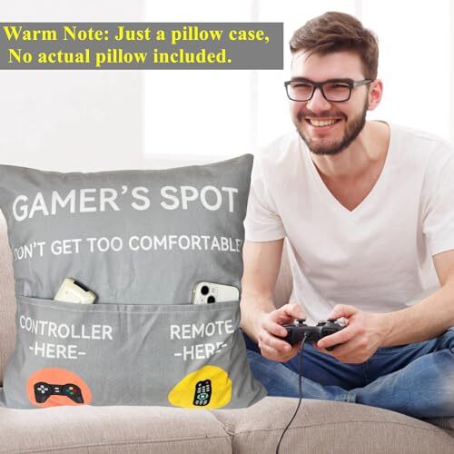 Gamer Gifts, Pocket Design Throw Pillow Covers 18 x 18 Inch, Gaming Room Grey - Picture 4 of 5