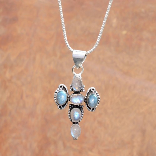 Moonstone & Labradorite Gemstone 925 Sterling Silver Cross Different Pendant - Picture 4 of 7