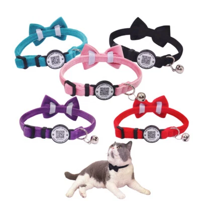 THAIN Personalized Cat Collar with Bow Tie Bell velvet QR Code Name Smart ID tag