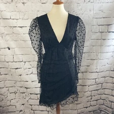 Missguided Mini Dress Women 10 Black V Neck Dobby Polka Dot Milkmaid Frill Party