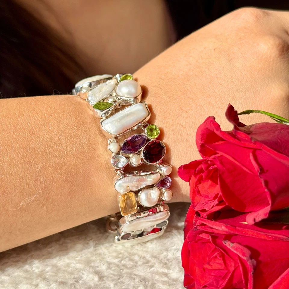 NATURAL PEARL ,MULTIGEMSTONE(4-25 MM) 925SILVER HANDMADE BRACELET JEWELRY GIFT - Image 3 of 4