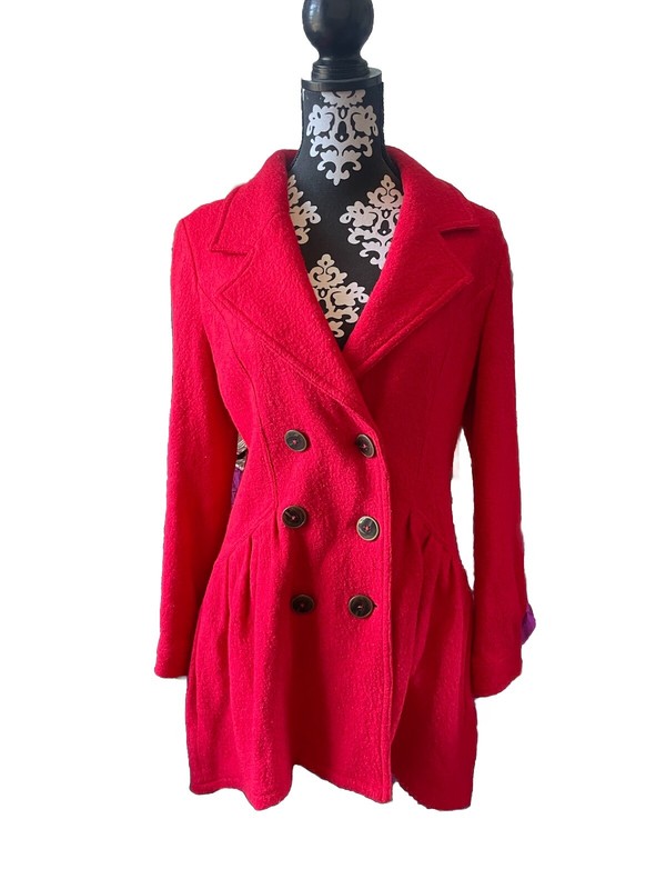 Anthropologie FREE PEOPLE Red Lined Wool Blend Boucle Peplum Over Coat 8