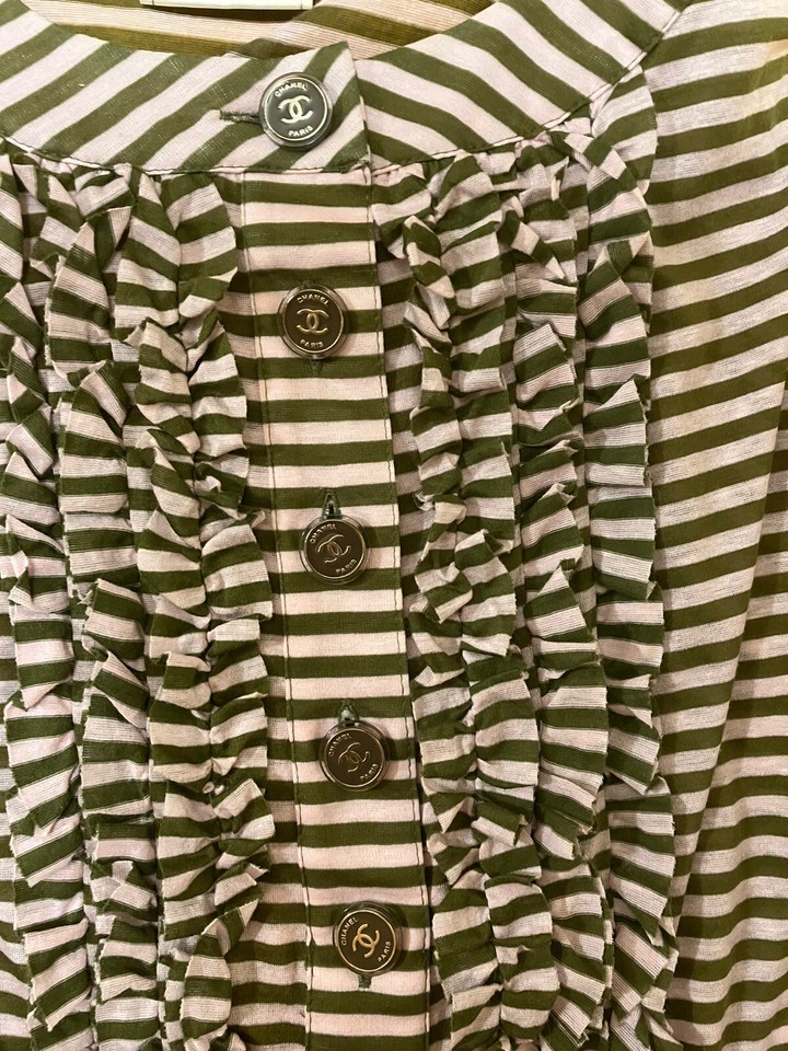 Chanel Pink Green Striped Sleeveless Top Fr 38 Small S Xs Logo Buttons