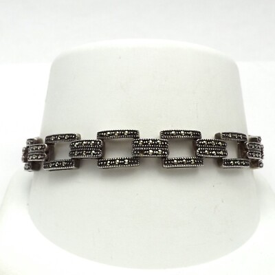 Vintage Sterling Silver Marcasite Square Link Bracelet 7