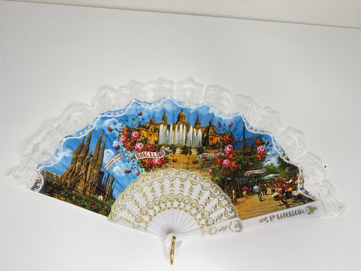 Barcelona Souvenir Folding Hand Fan White Lace Scenic Decorative View 3