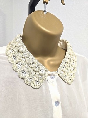 Vintage Sheer Cream Top Womens XL Crochet Lace Collar Office Siren Career Chic