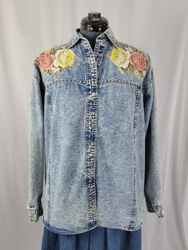 Vtg Pretty Bleu Acid Wash Denim Shirt w Applique Florals & Rhinestones Size M - Afbeelding 2 van 20