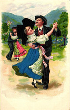 Vintage Costume Postcard Embossed With Silk Pieces