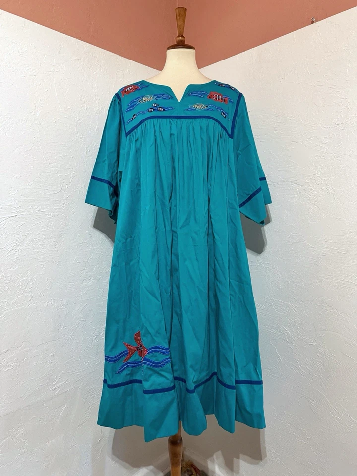 Bechamel хлопок синий Mumu вышитый патио платье природы рыбы богемное макси плюс 2 X - Изображение 2 из 4