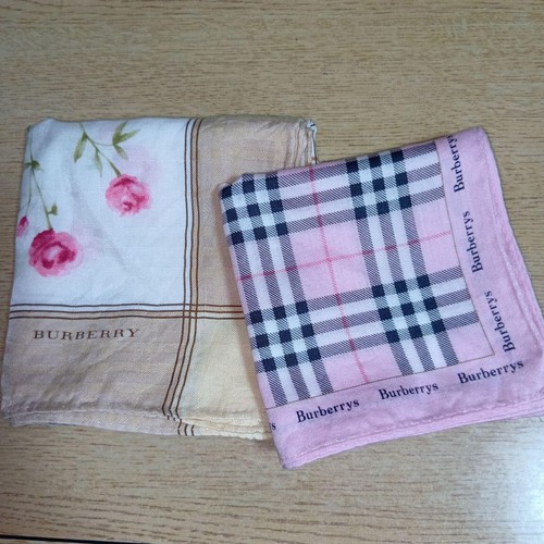 Burberry Cotton Handkerchiefs Set of 2 Large Floral & Check Pink
