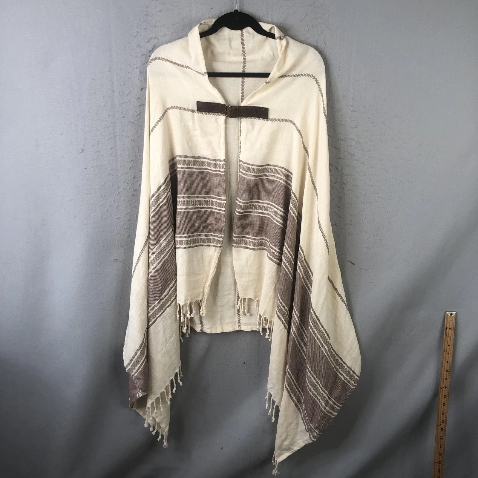 western Poncho Womens One Size White Hooded Buckle Fringe Striped Boho SW