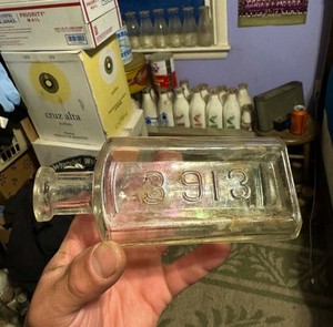 3913 Blown Emb Patent Medicine Bottle Rheumatic Cure Brooklyn NY Dug Iridescence