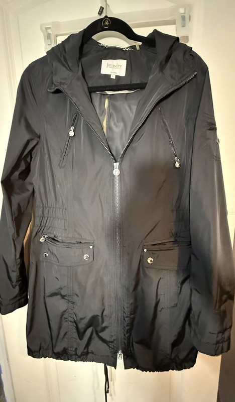 Raincoat Laundry by Shelli Segal Black Hooded Parka Jacket Elastic Waist Women M