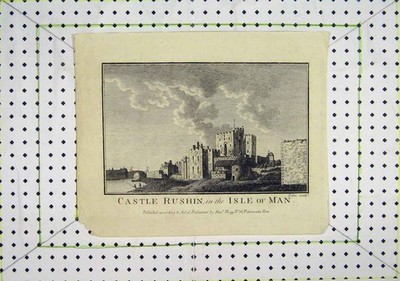 Original alter antiker Druck Castle Rushin Isle Man River Bridge