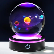 YWHL 3D Solar System Model Crystal Ball 80mm with Light Base, Planet Lamp Model 
