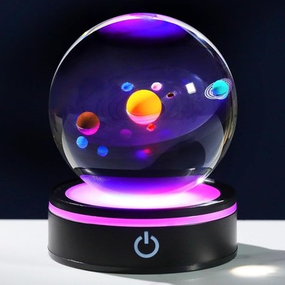 YWHL 3D Solar System Model Crystal Ball 80mm with Light Base, Planet Lamp Model