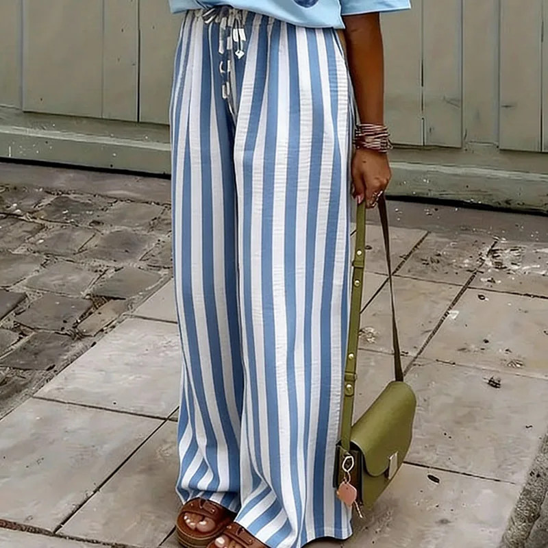 Women's Casual Pocket Pajamas Pant Fashion  Elastic Waist Lace Up Straight Pant