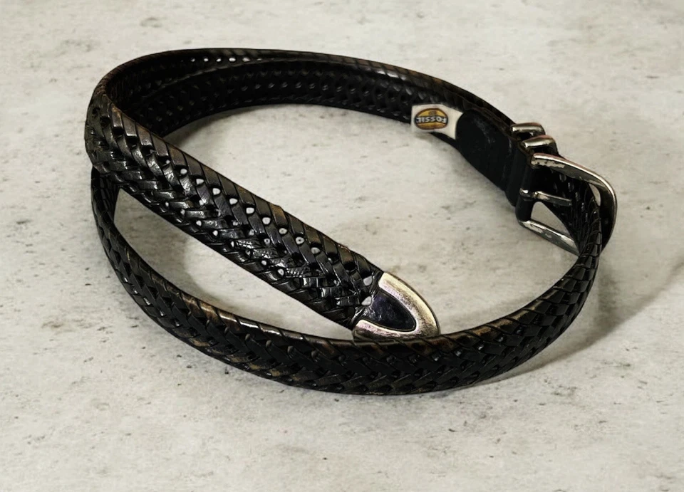 Cinturón de cuero trenzado tejido vintage Fossil Golf hebilla plateada para hombre talla 40 negro Foto 2 de 4