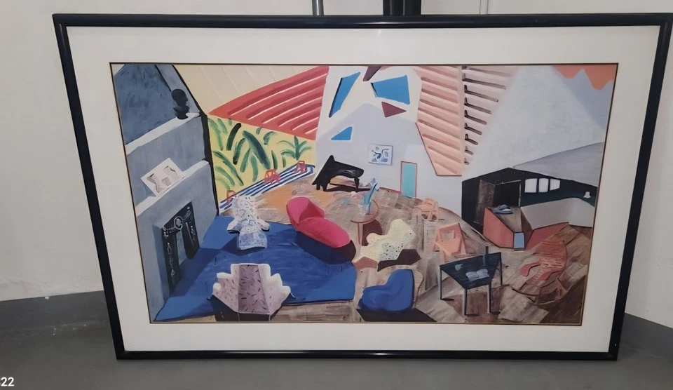 Pintura interior grande de Los Ángeles creada 1988 por David Hockney enmarcada 48x32 Foto 2 de 3
