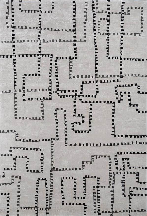 Hand Tufted Geometric  Rug| Ivory Handmade Wool & Viscose Carpet for L